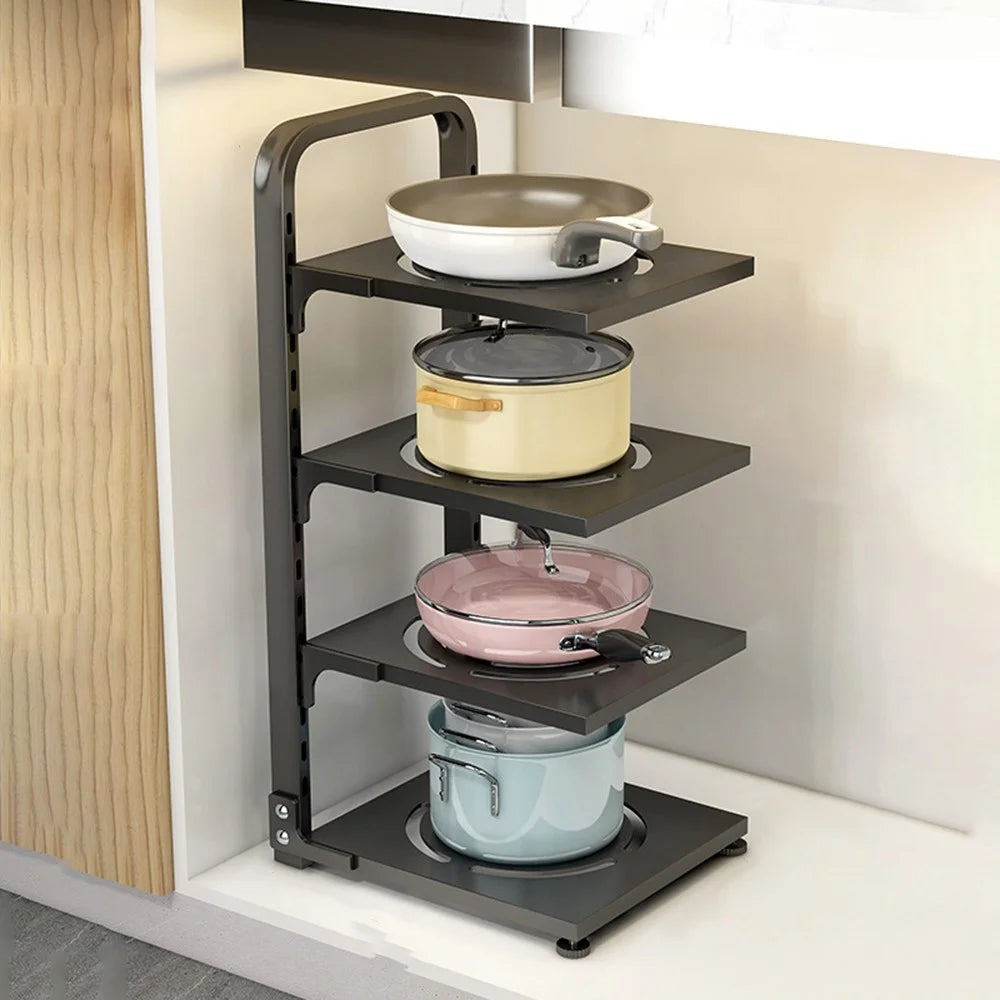 4 Tier Kitchen Storage Rack Carbon Steel Adjustable Pot Pan Storage Shelf Under Sink Cabinet Organizer - Black - 1