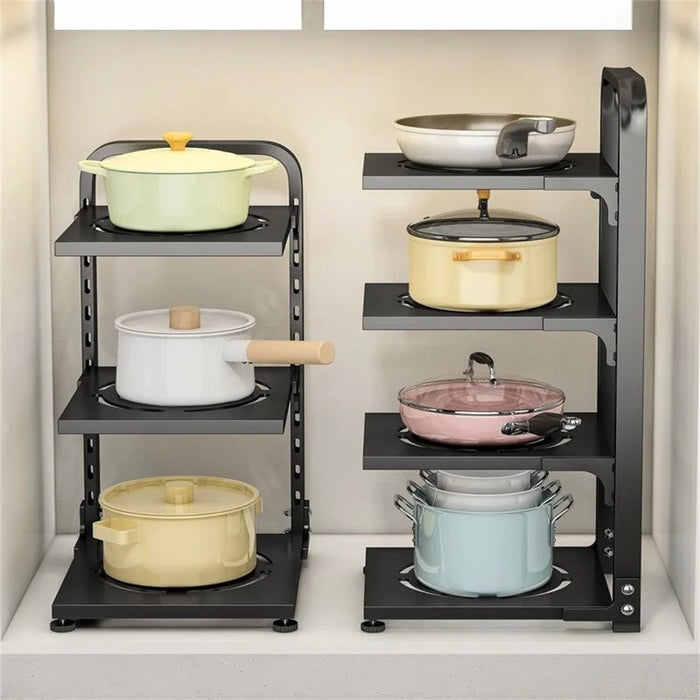 4 Tier Kitchen Storage Rack Carbon Steel Adjustable Pot Pan Storage Shelf Under Sink Cabinet Organizer - Black - 4
