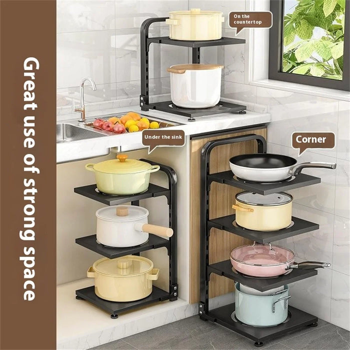 4 Tier Kitchen Storage Rack Carbon Steel Adjustable Pot Pan Storage Shelf Under Sink Cabinet Organizer - Black - 5