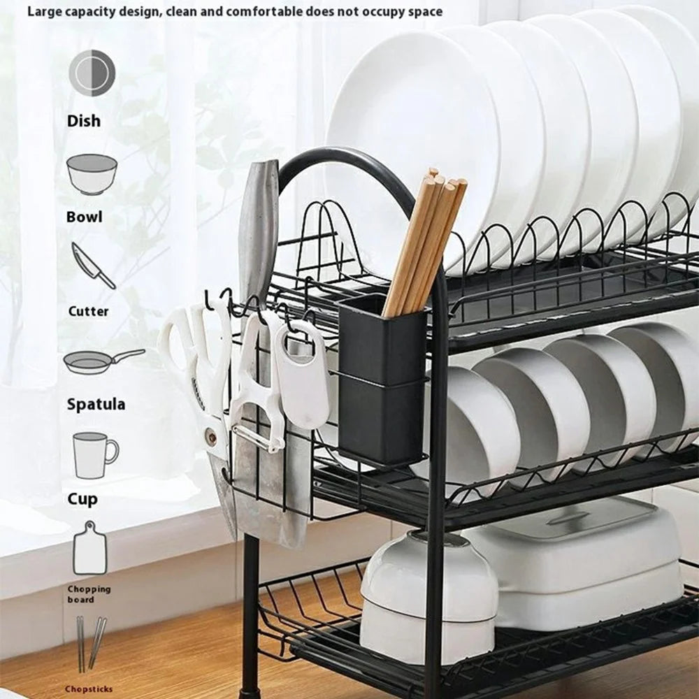 3 Tiers Kitchen Dish Rack Multifunctional Drainer for Bowls Plates Cups Organizer Shelf - Black+Cutting Board Holder - 2