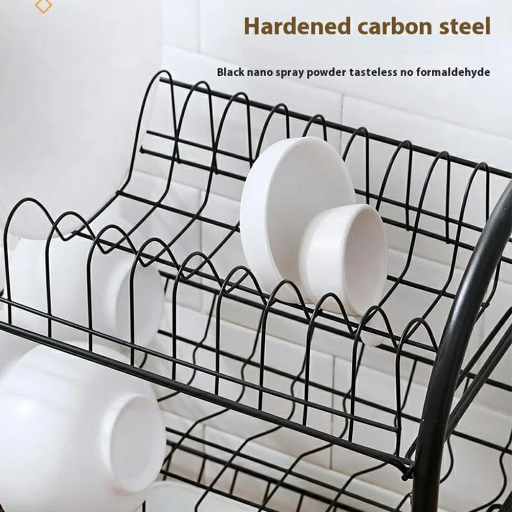 3 Tiers Kitchen Dish Rack Multifunctional Drainer for Bowls Plates Cups Organizer Shelf - Black+Cutting Board Holder - 3