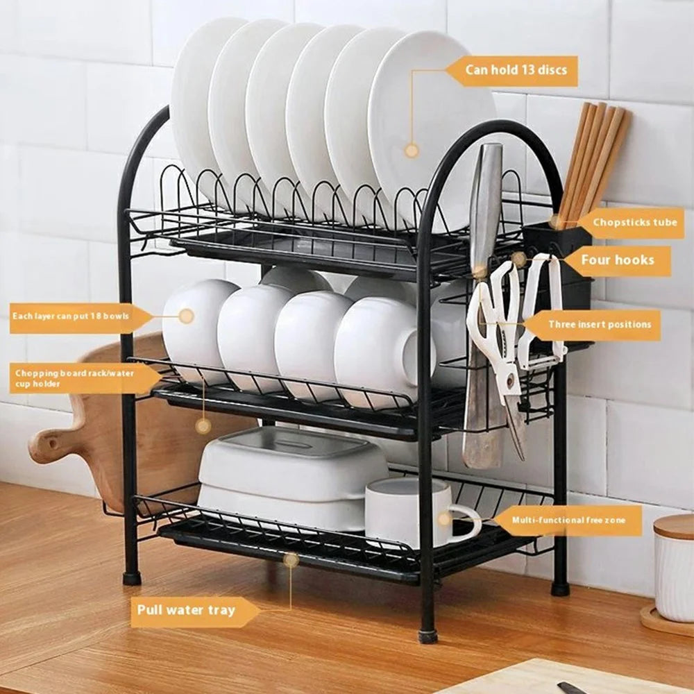 3 Tiers Kitchen Dish Rack Multifunctional Drainer for Bowls Plates Cups Organizer Shelf - Black+Cutting Board Holder - 4
