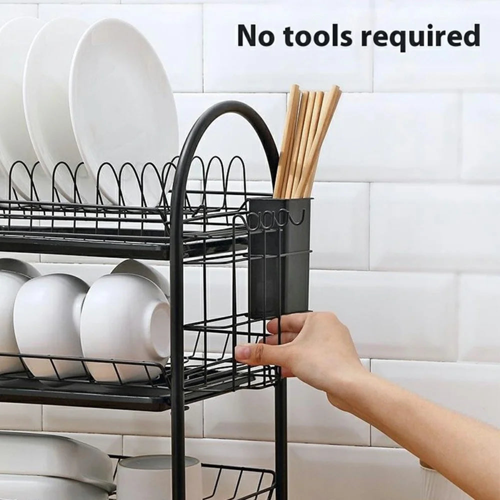 3 Tiers Kitchen Dish Rack Multifunctional Drainer for Bowls Plates Cups Organizer Shelf - Black+Cutting Board Holder - 5