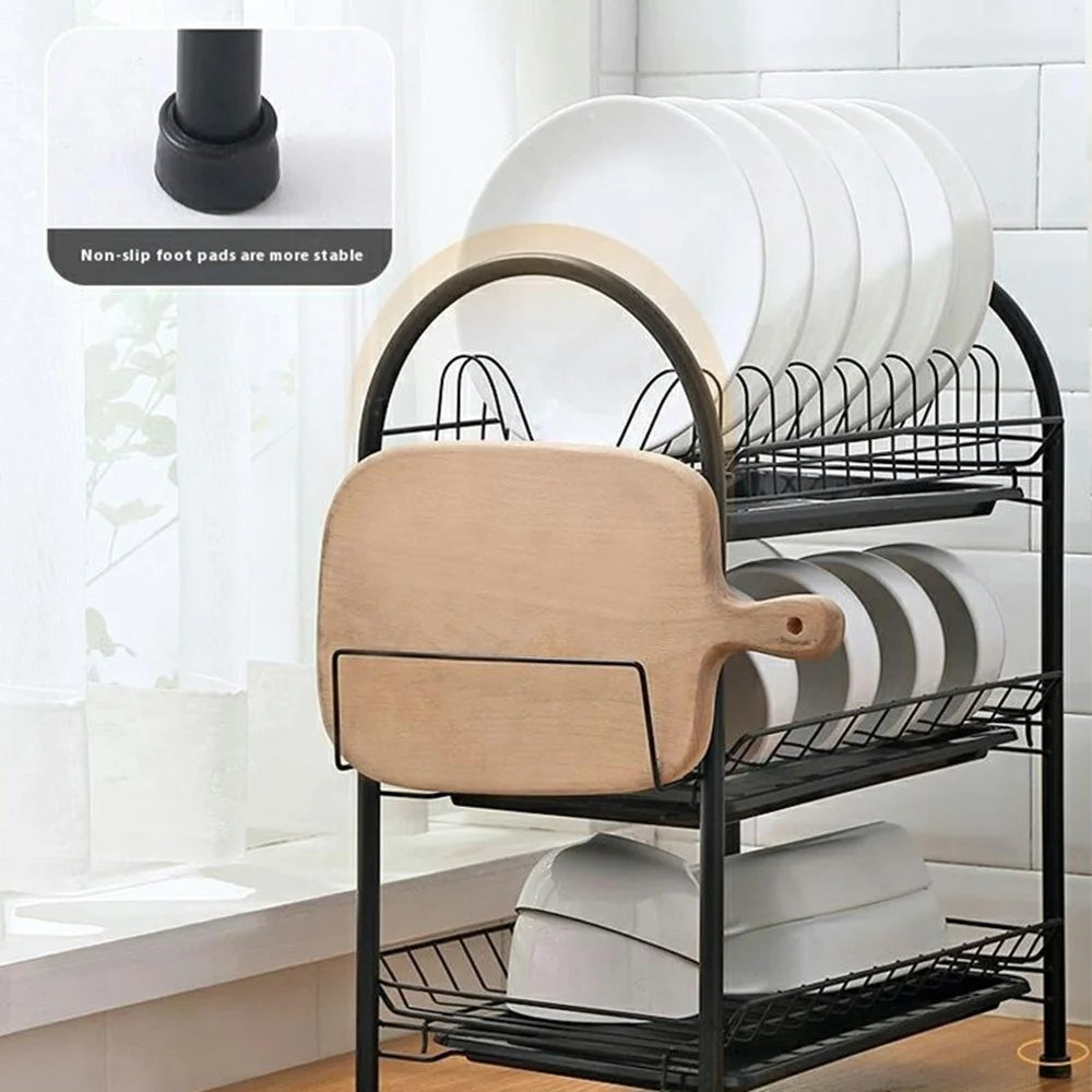 3 Tiers Kitchen Dish Rack Multifunctional Drainer for Bowls Plates Cups Organizer Shelf - Black+Cutting Board Holder - 6