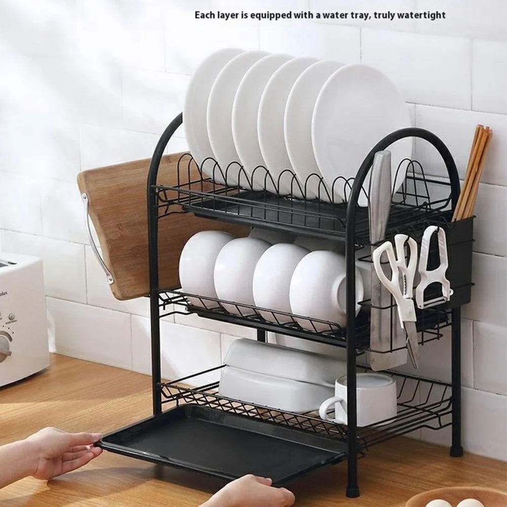 3 Tiers Kitchen Dish Rack Multifunctional Drainer for Bowls Plates Cups Organizer Shelf - Black+Cutting Board Holder - 7