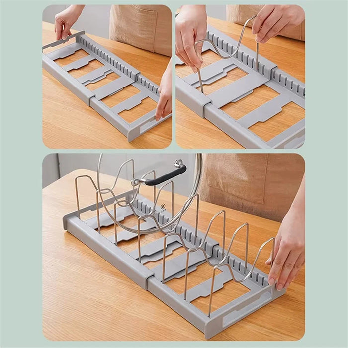 Extendable Pot Lid Organizer Kitchen Countertop Cabinet Storage Rack Stainless Steel + HIPS Cookware Holder - Black - 7