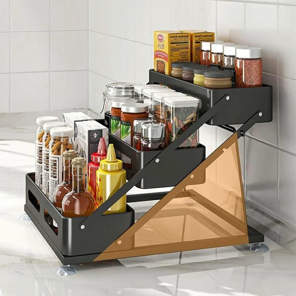 Kitchen Spice Rack Organizer Carbon Steel + Plastic Multi-Tier Foldable Countertop Storage Shelf - 3