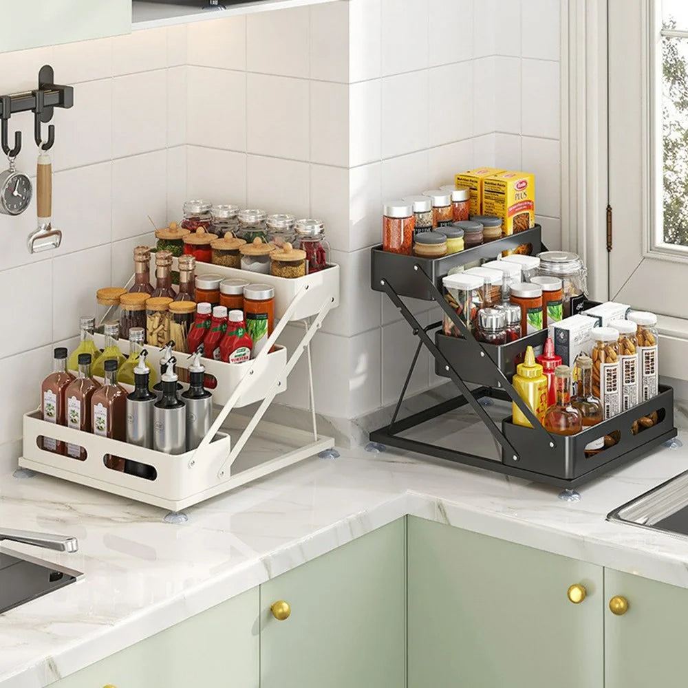 Kitchen Spice Rack Organizer Carbon Steel + Plastic Multi-Tier Foldable Countertop Storage Shelf - 4