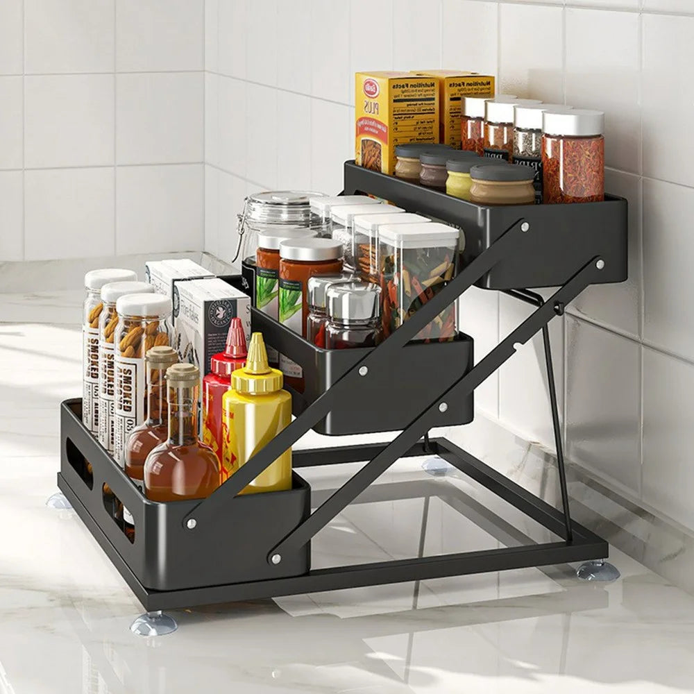 Kitchen Spice Rack Organizer Carbon Steel + Plastic Multi-Tier Foldable Countertop Storage Shelf - 5