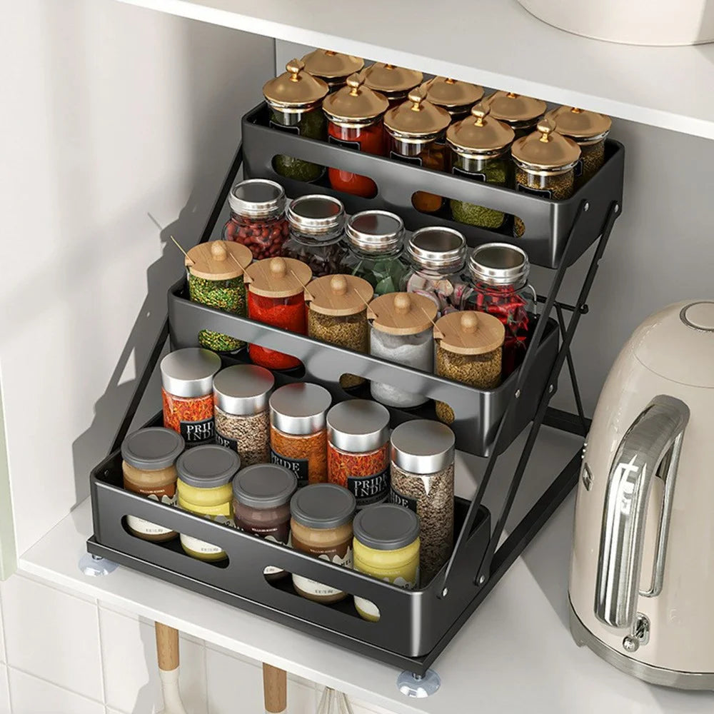Kitchen Spice Rack Organizer Carbon Steel + Plastic Multi-Tier Foldable Countertop Storage Shelf - 6