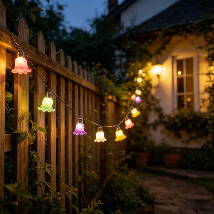 5m 10-LED Solar Trumpet Flower String Light IP44 Waterproof Decor for Garden Courtyard - Warm White - 5