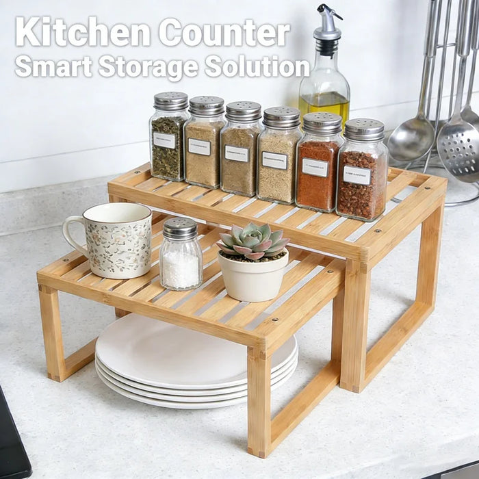 2Pcs/Set Bamboo Kitchen Storage Rack Dish Drying Rack Countertop Organizer Shelf - 3