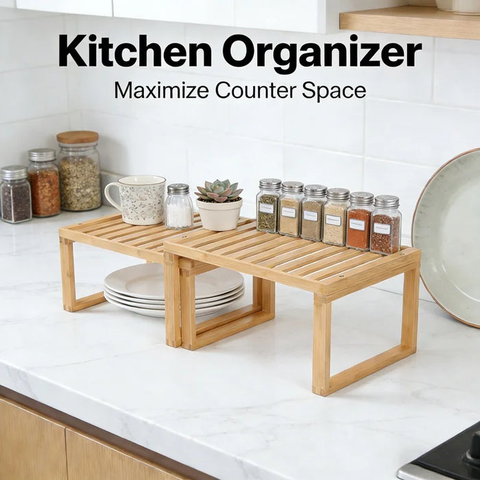 2Pcs/Set Bamboo Kitchen Storage Rack Dish Drying Rack Countertop Organizer Shelf - 5