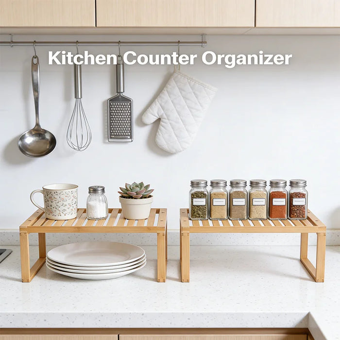 2Pcs/Set Bamboo Kitchen Storage Rack Dish Drying Rack Countertop Organizer Shelf - 6