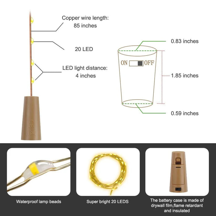 10Pcs Copper Wire 2m Wine Bottle Plug String Light LED Waterproof Festival Lighting Decor with 10Pcs Extra Batteries - Warm White - 2