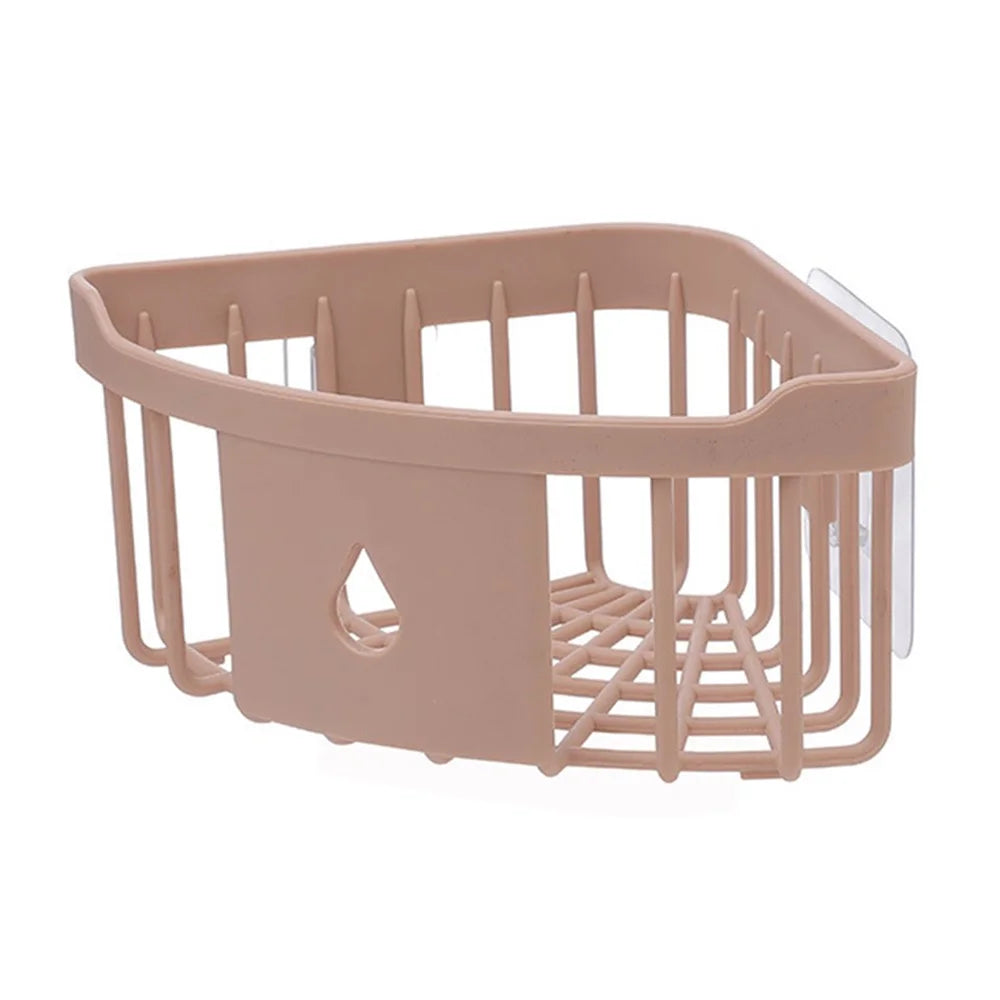 No Drill Triangular Bathroom Corner Rack Plastic Kitchen Sink Storage Basket - Pink - 1