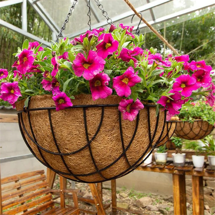 001-YZ01 14-inch Iron Art Garden Hanging Flower Pot Basket with Coir Liner (Semi-circular Mesh Shape) - 3