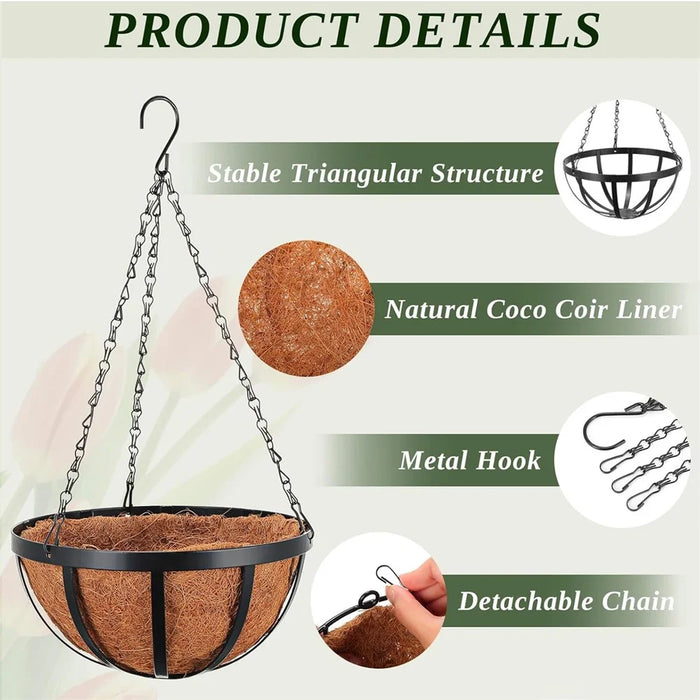 001-YZ01 14-inch Metal Chain Hanging Planter Basket Coir Liner Flower Pot (Round Shape) - 3