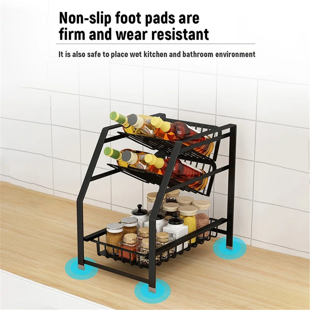 003XH-0013-1 Wrought Iron Spice Rack for Kitchen Household, 3-Tiered Storage Shelf for Seasoning Ingredients, Black - 2
