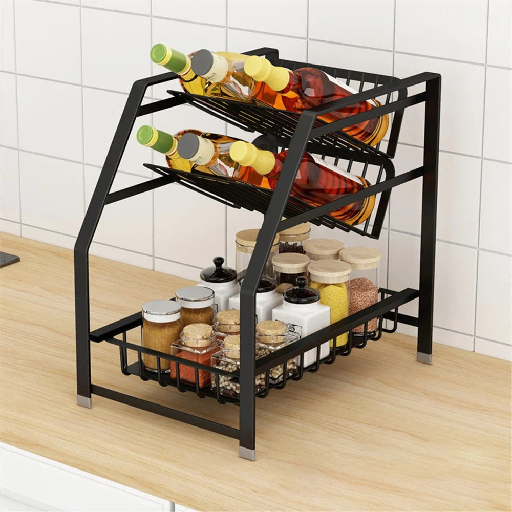 003XH-0013-1 Wrought Iron Spice Rack for Kitchen Household, 3-Tiered Storage Shelf for Seasoning Ingredients, Black - 4