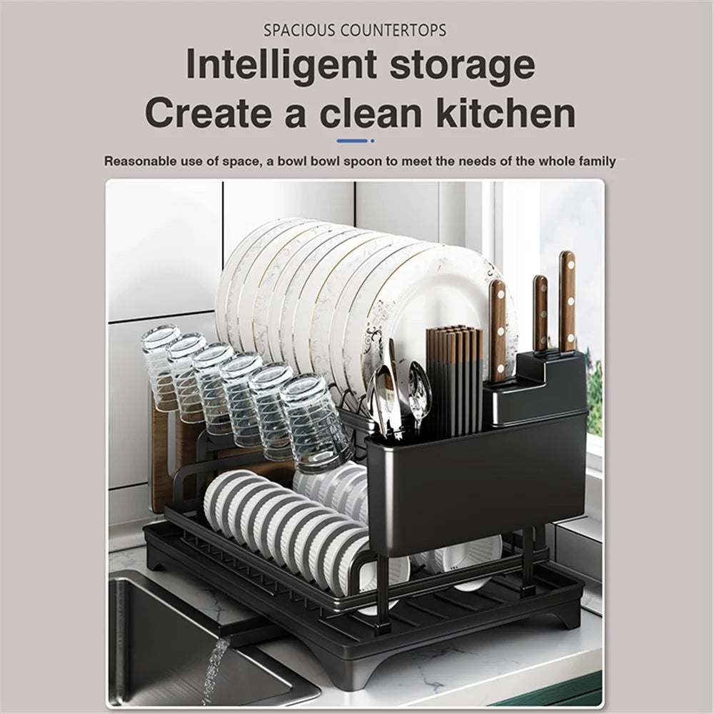 003XH-008-2 Kitchen Dish and Utensil Drain Rack - Household Storage Shelf for Cups, Bowls, Plates, and Cutlery - Black - 2