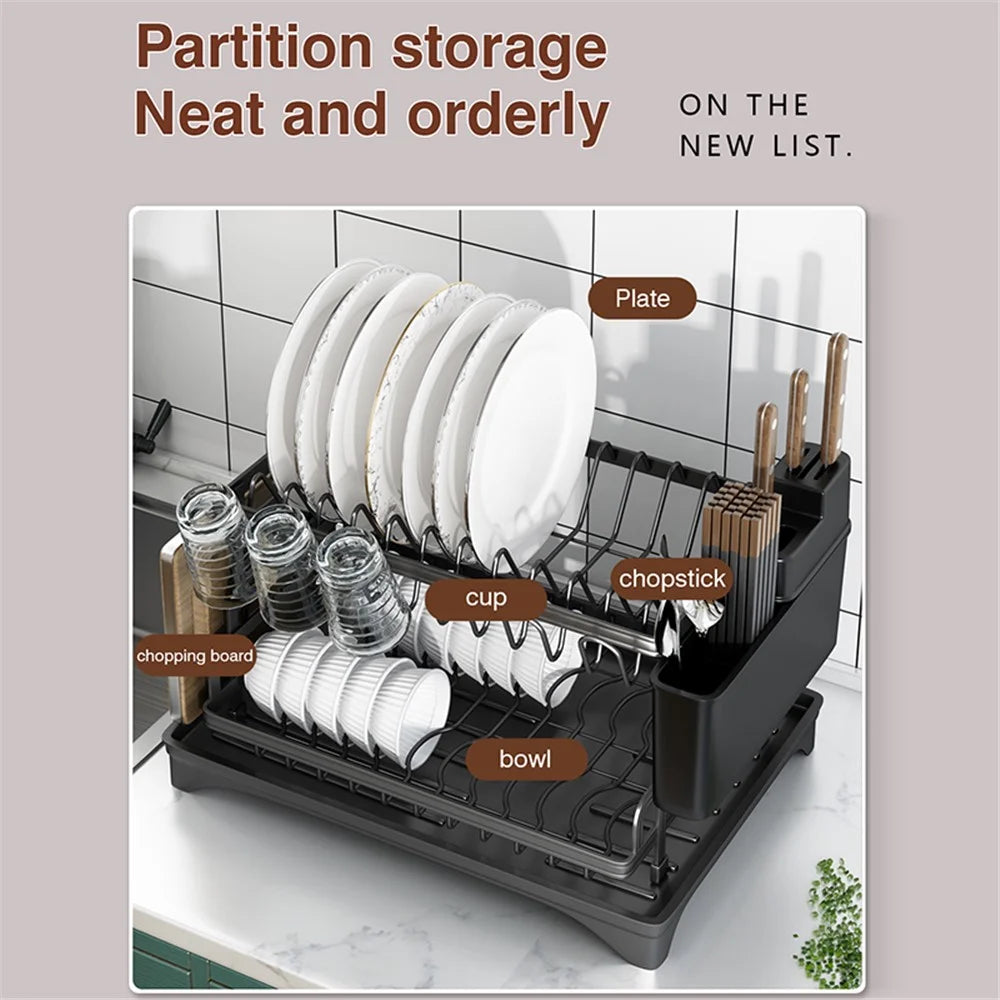 003XH-008-2 Kitchen Dish and Utensil Drain Rack - Household Storage Shelf for Cups, Bowls, Plates, and Cutlery - Black - 4