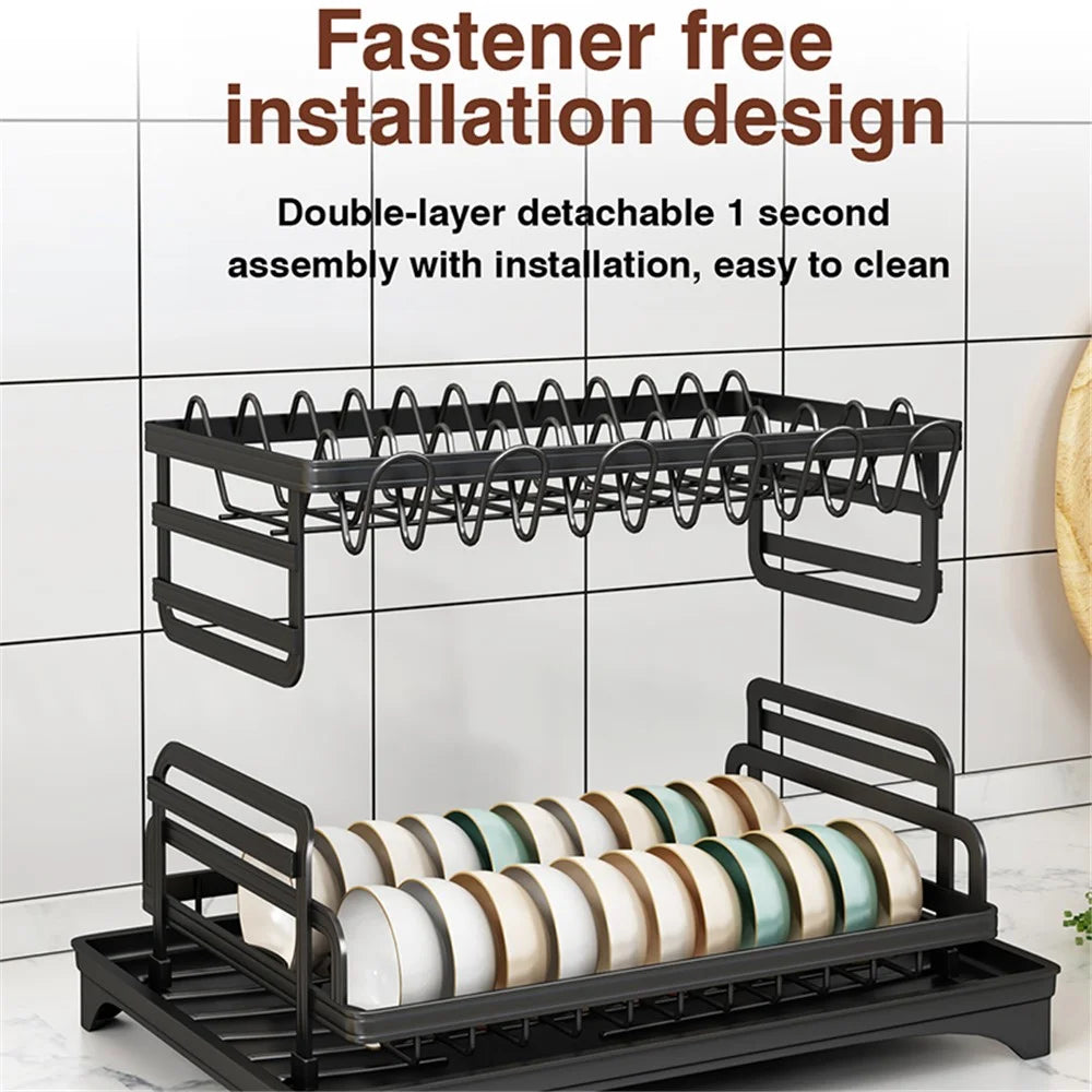 003XH-008-2 Kitchen Dish and Utensil Drain Rack - Household Storage Shelf for Cups, Bowls, Plates, and Cutlery - Black - 6