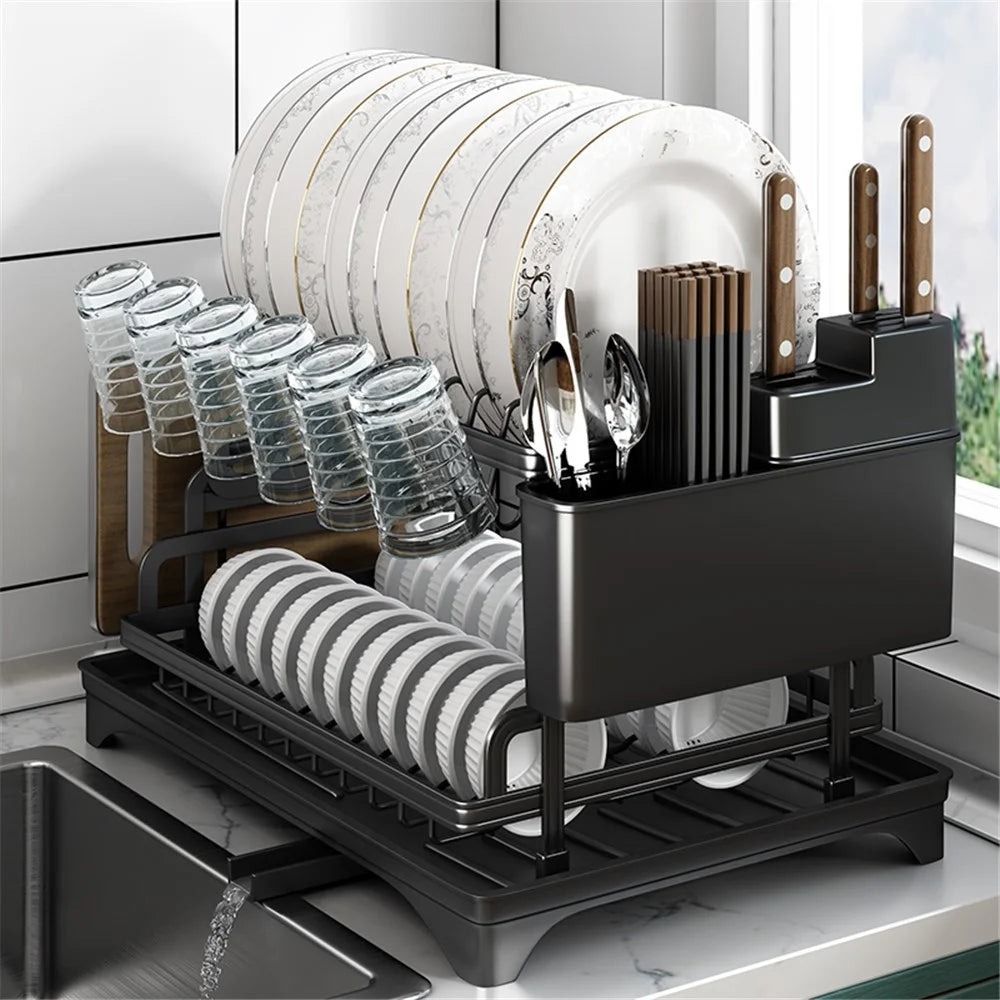 003XH-008-2 Kitchen Dish and Utensil Drain Rack - Household Storage Shelf for Cups, Bowls, Plates, and Cutlery - Black - 7