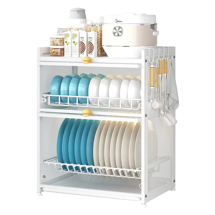 OGJ-WDJ018 Dustproof Kitchen Countertop Carbon Steel Bowl Dish Drying Rack with Door - White - 1