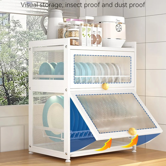 OGJ-WDJ018 Dustproof Kitchen Countertop Carbon Steel Bowl Dish Drying Rack with Door - White - 2