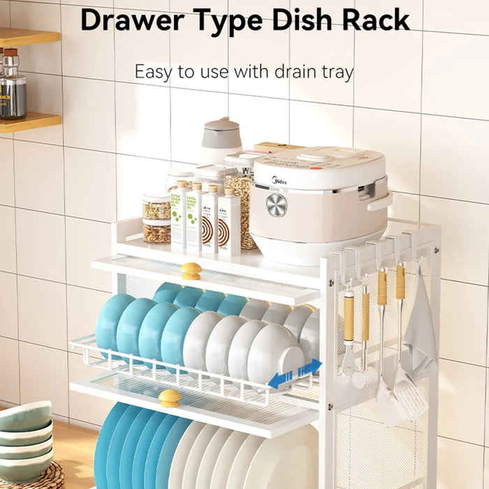 OGJ-WDJ018 Dustproof Kitchen Countertop Carbon Steel Bowl Dish Drying Rack with Door - White - 3