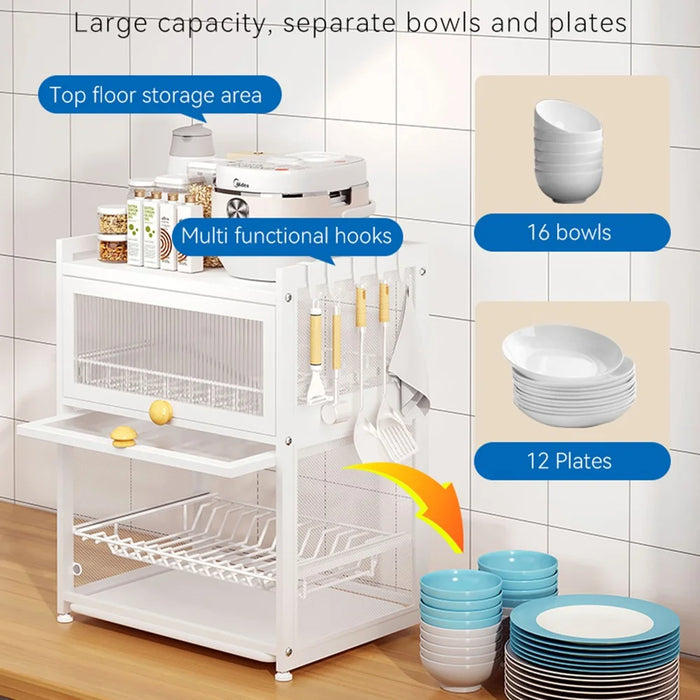 OGJ-WDJ018 Dustproof Kitchen Countertop Carbon Steel Bowl Dish Drying Rack with Door - White - 5