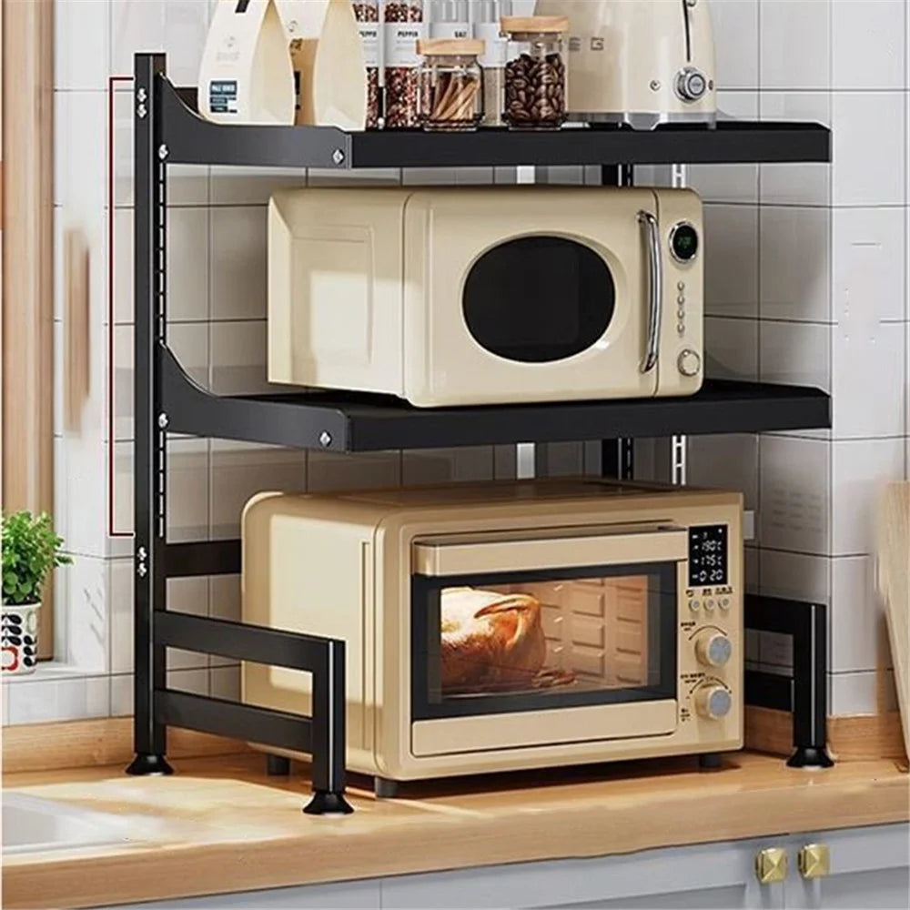 006-WBL-6972A-58 Microwave Oven Rack 2 Tiers Adjustable Shelf Kitchen Organizer - Black - 2