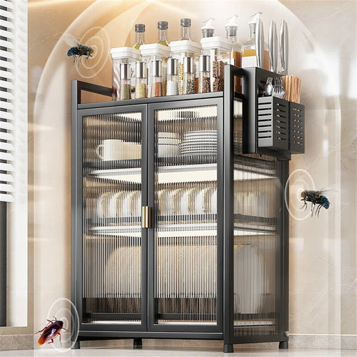 004YS2306017 3-layer Kitchen Storage Cabinet Iron Sideboard with Chopstick Rack - Black - 2