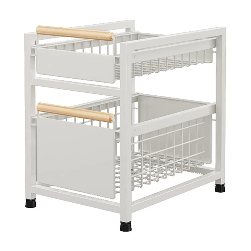 006-ZWJ-6940-2WH Double-Layer Pull-Out Seasoning Organizer Rack for Cabinet Storage Jars Bottles Holder - White - 1