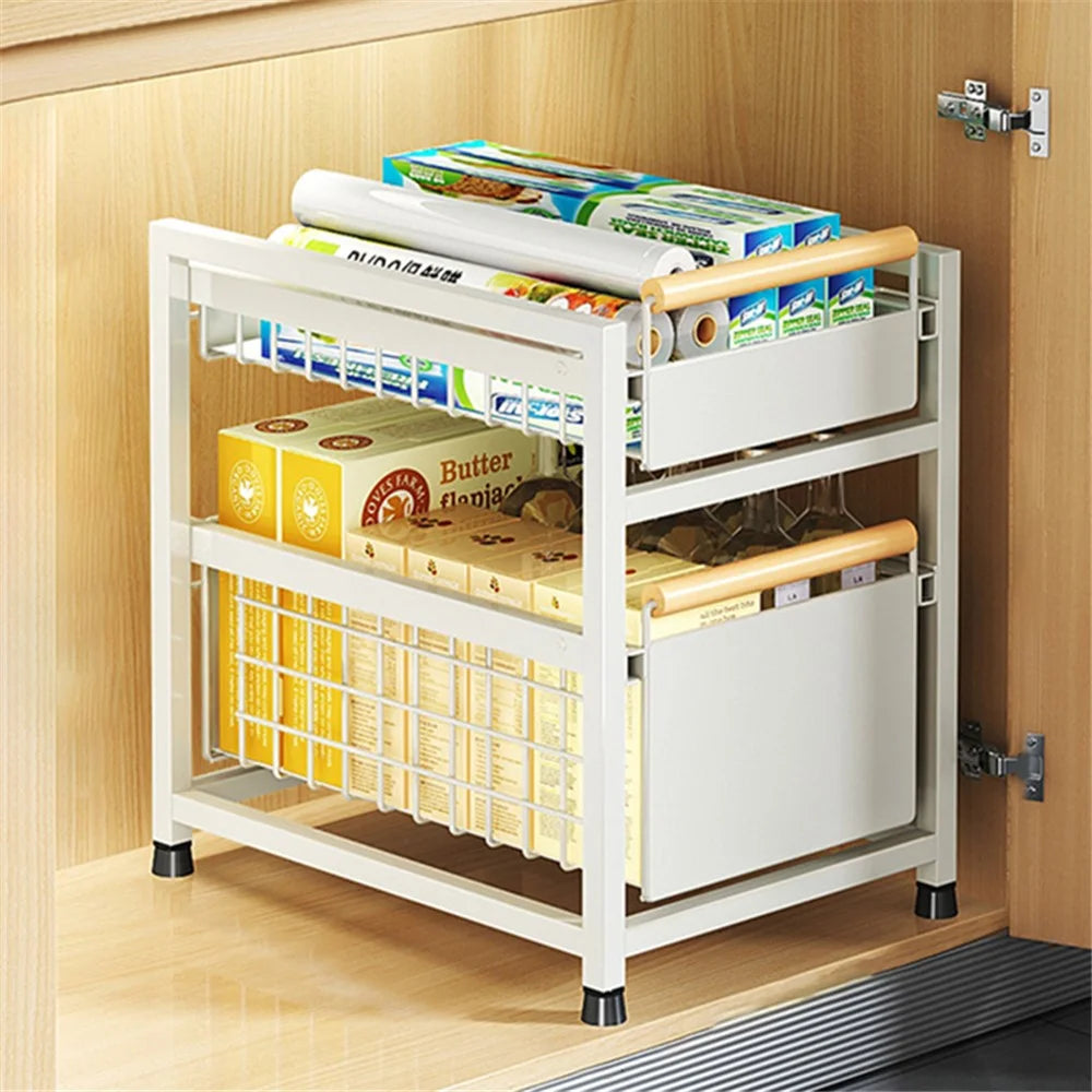 006-ZWJ-6940-2WH Double-Layer Pull-Out Seasoning Organizer Rack for Cabinet Storage Jars Bottles Holder - White - 2