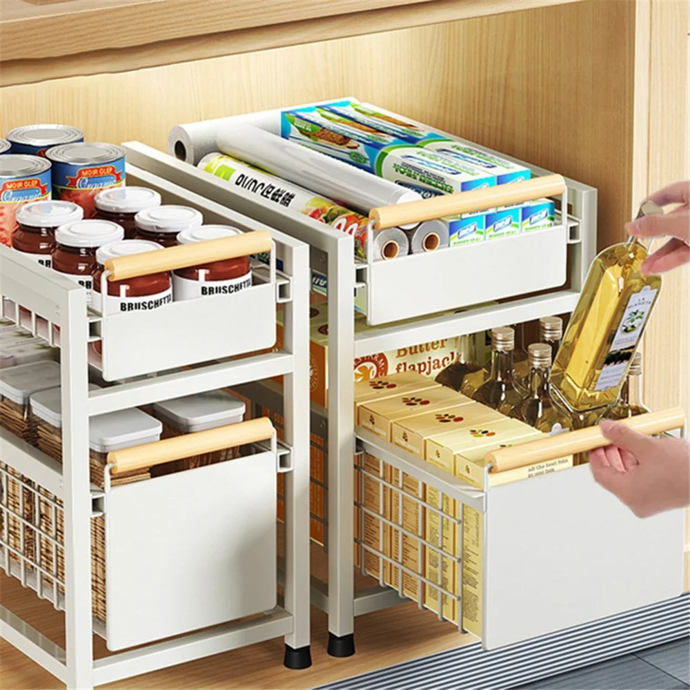 006-ZWJ-6940-2WH Double-Layer Pull-Out Seasoning Organizer Rack for Cabinet Storage Jars Bottles Holder - White - 4