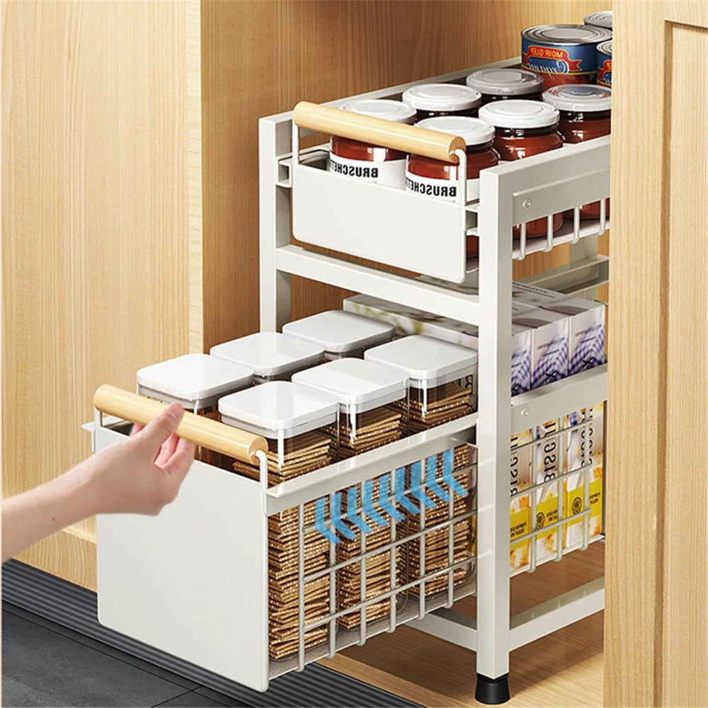 006-ZWJ-6940-2WH Double-Layer Pull-Out Seasoning Organizer Rack for Cabinet Storage Jars Bottles Holder - White - 5