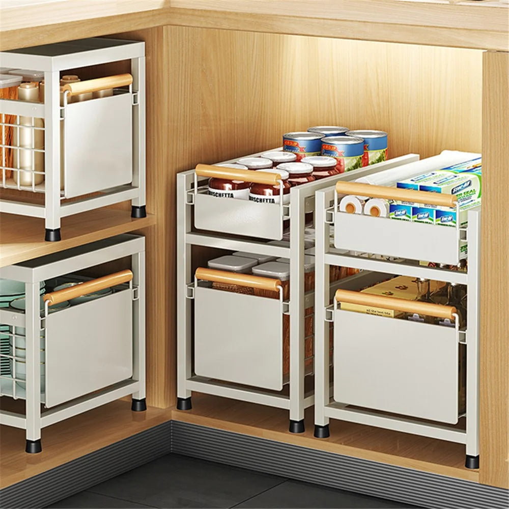 006-ZWJ-6940-2WH Double-Layer Pull-Out Seasoning Organizer Rack for Cabinet Storage Jars Bottles Holder - White - 6