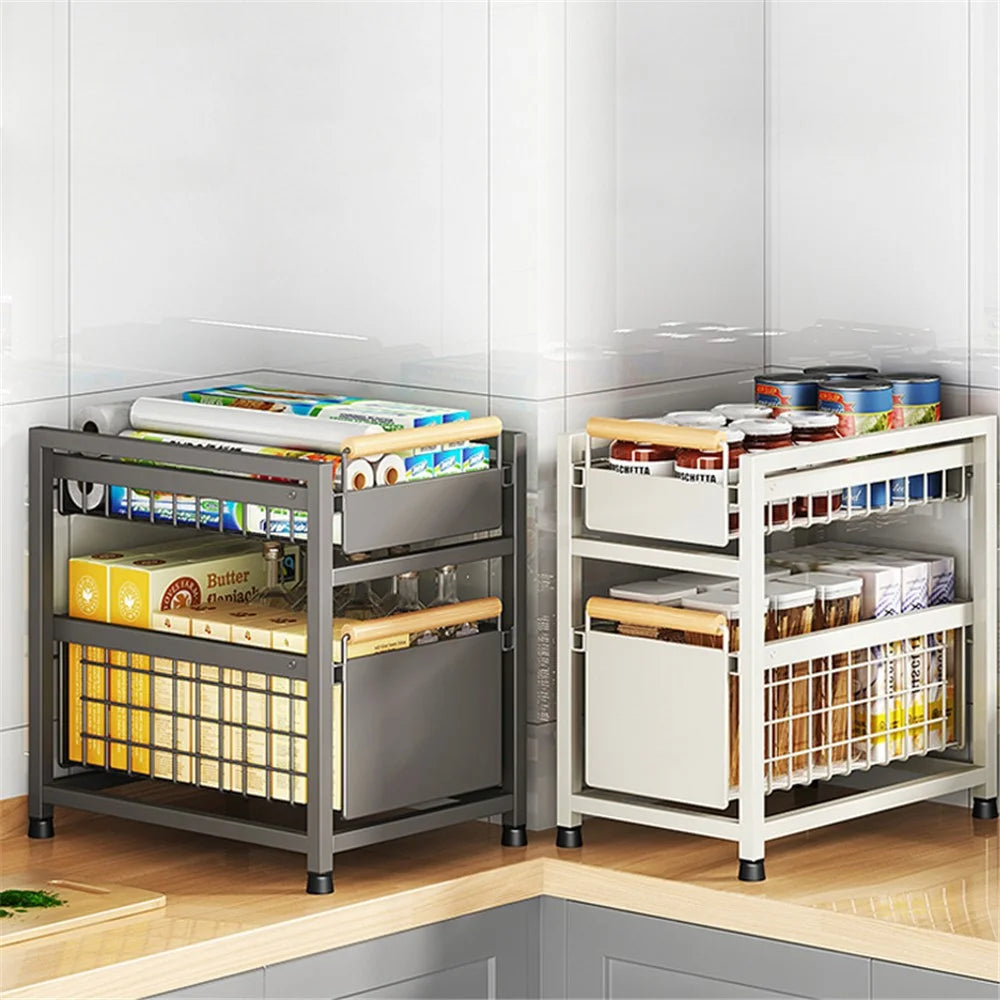 006-ZWJ-6940-2WH Double-Layer Pull-Out Seasoning Organizer Rack for Cabinet Storage Jars Bottles Holder - White - 7
