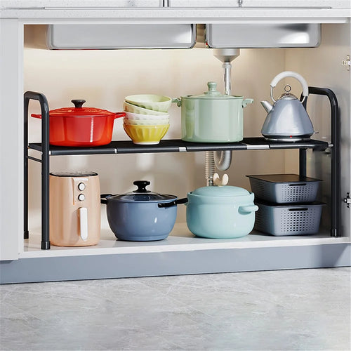 006-SCX-6855-4BK Stretchable Under Sink Organizer Rack Multi-functional Pot Holder Cabinet Storage Shelf - 1