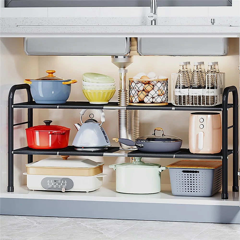 006-SCX-6856-8BK Under Sink Organizer Expandable Cabinet Shelf with 8 Panels, Retractable to 67-82cm - 2