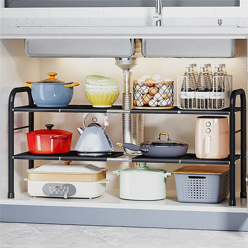 006-SCX-6856-8BK Under Sink Organizer Expandable Cabinet Shelf with 8 Panels, Retractable to 67-82cm - 2