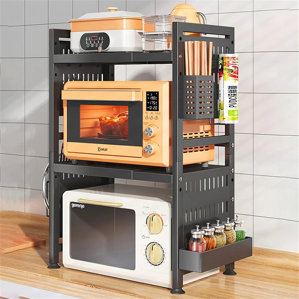 006-WBL-6908C Microwave Oven Rack 2 Layers Extendable Kitchen Microwave Stand with Spice Rack and Chopstick Barrel - Black - 1
