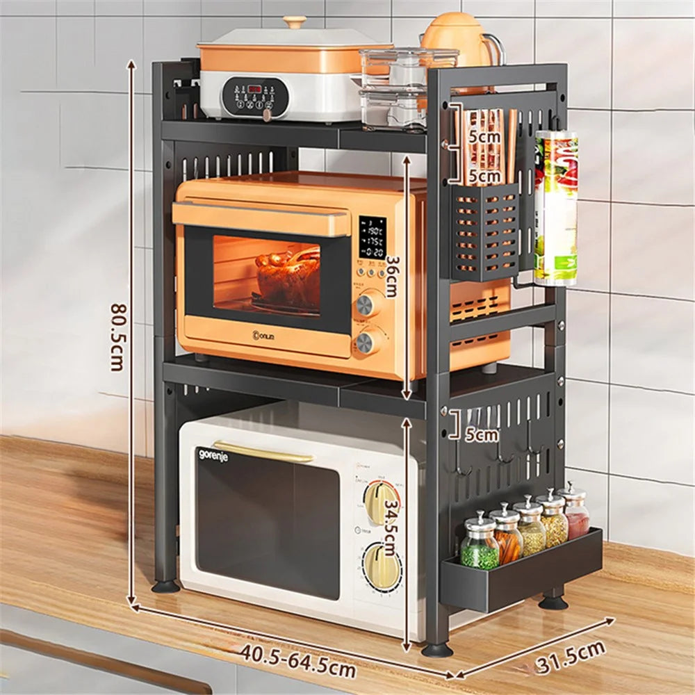 006-WBL-6908C Microwave Oven Rack 2 Layers Extendable Kitchen Microwave Stand with Spice Rack and Chopstick Barrel - Black - 5