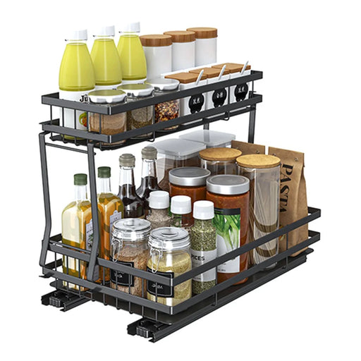 006-ZWJ-6978-WH Pull Out Spice Rack Organizer 2 Tier Slide Out Rack for Cabinet Inside Pantry Closet, 37x22x33cm - Black - 1