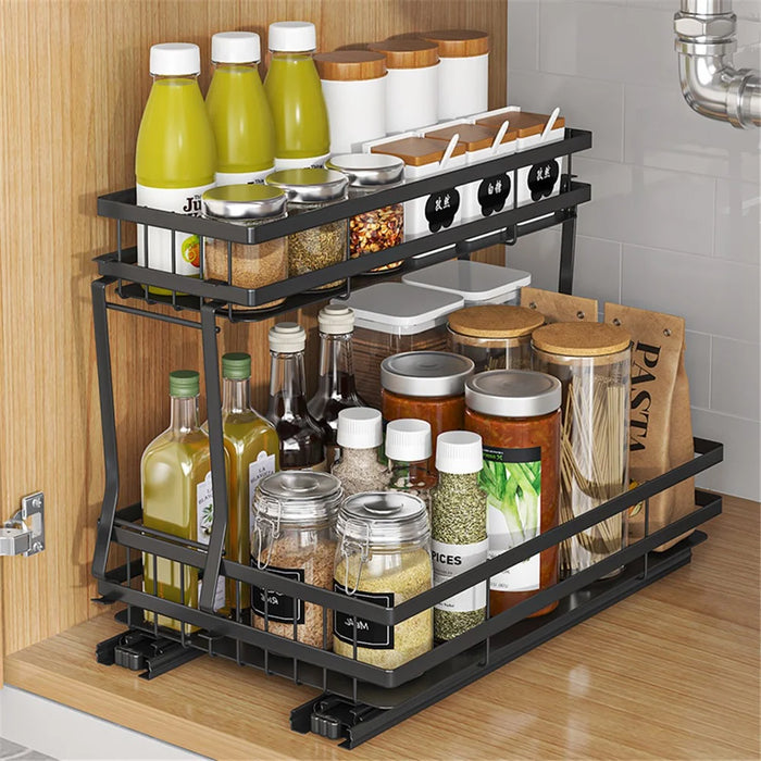006-ZWJ-6978-WH Pull Out Spice Rack Organizer 2 Tier Slide Out Rack for Cabinet Inside Pantry Closet, 37x22x33cm - Black - 2
