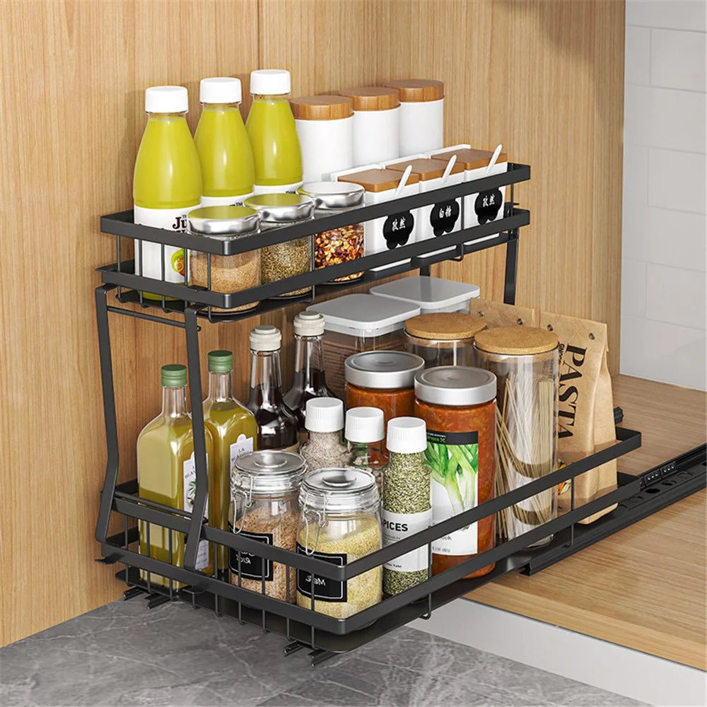 006-ZWJ-6978-WH Pull Out Spice Rack Organizer 2 Tier Slide Out Rack for Cabinet Inside Pantry Closet, 37x22x33cm - Black - 3