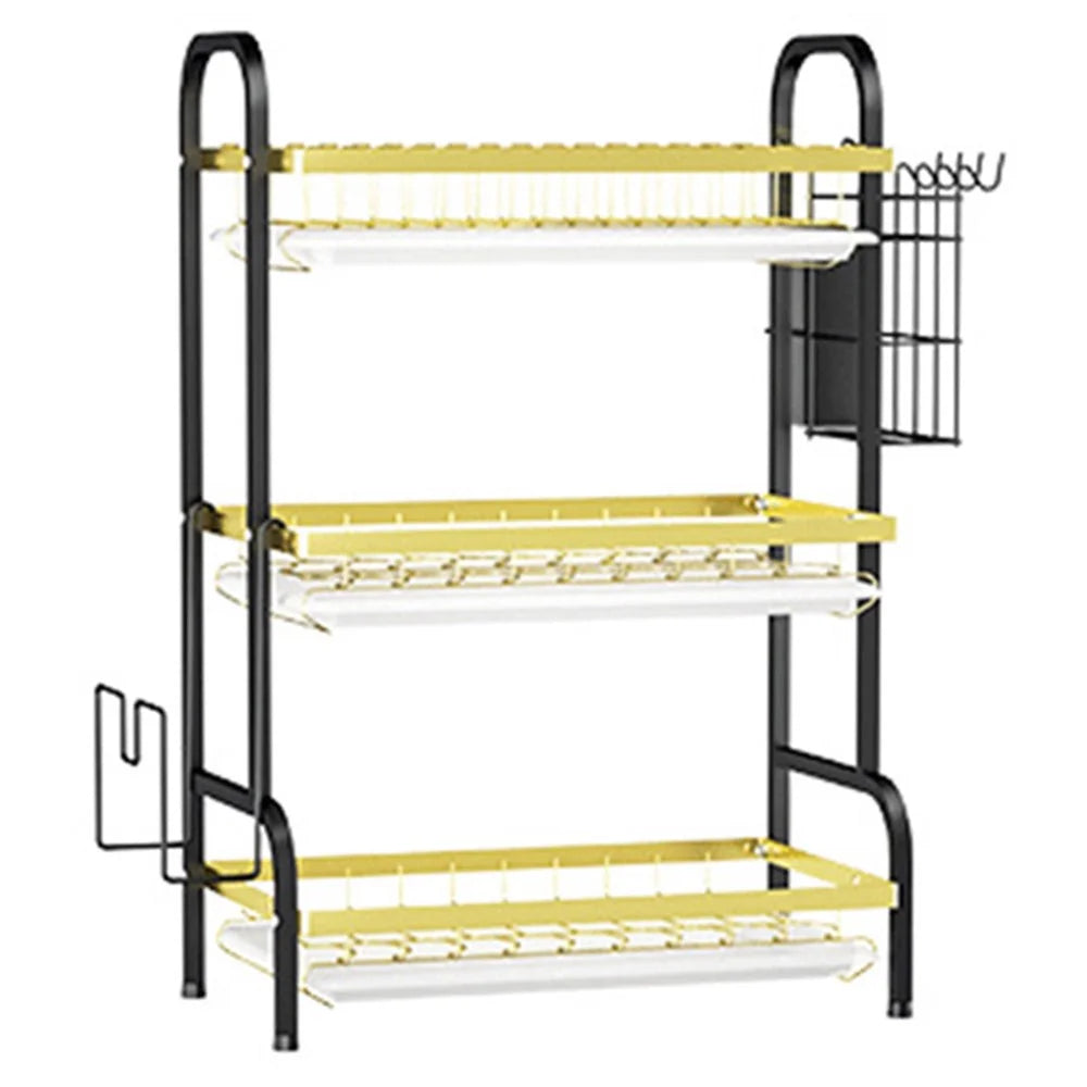 006-6427 3-Layer Iron Wire Kitchen Dish Bowl Storage Shelf Draining Rack with Chopstick Holder - 1