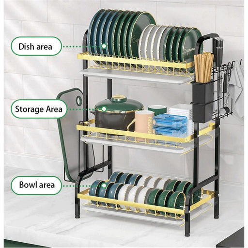 006-6427 3-Layer Iron Wire Kitchen Dish Bowl Storage Shelf Draining Rack with Chopstick Holder - 2